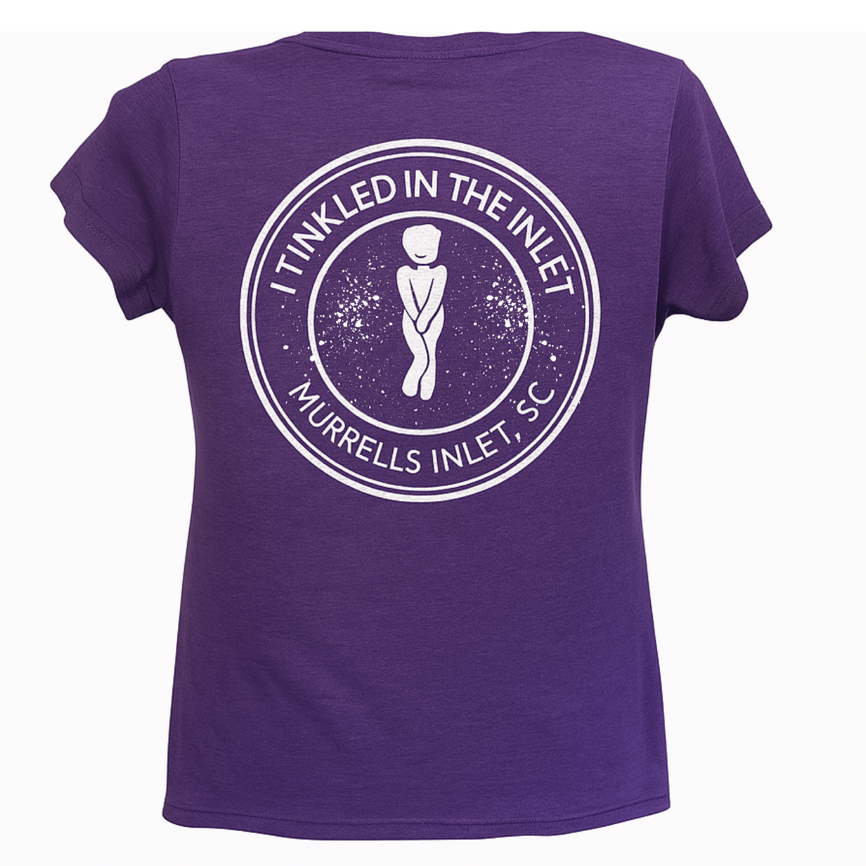 Back of women’s purple heather v-neck featuring ‘I Tinkled in the Inlet’ design and Murrells Inlet, SC text