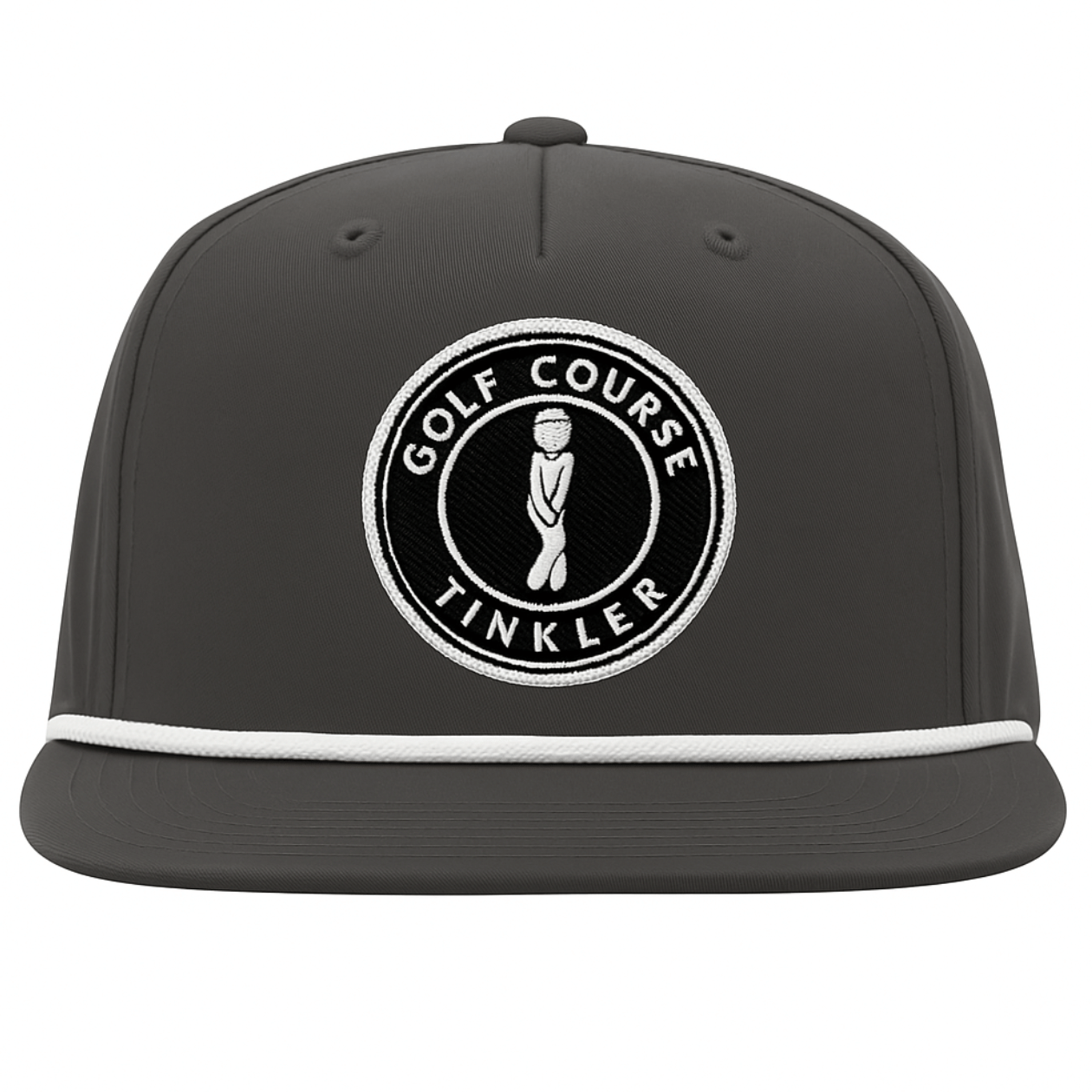 Front view of grey rope snapback hat with Golf Course Tinkler embroidered patch