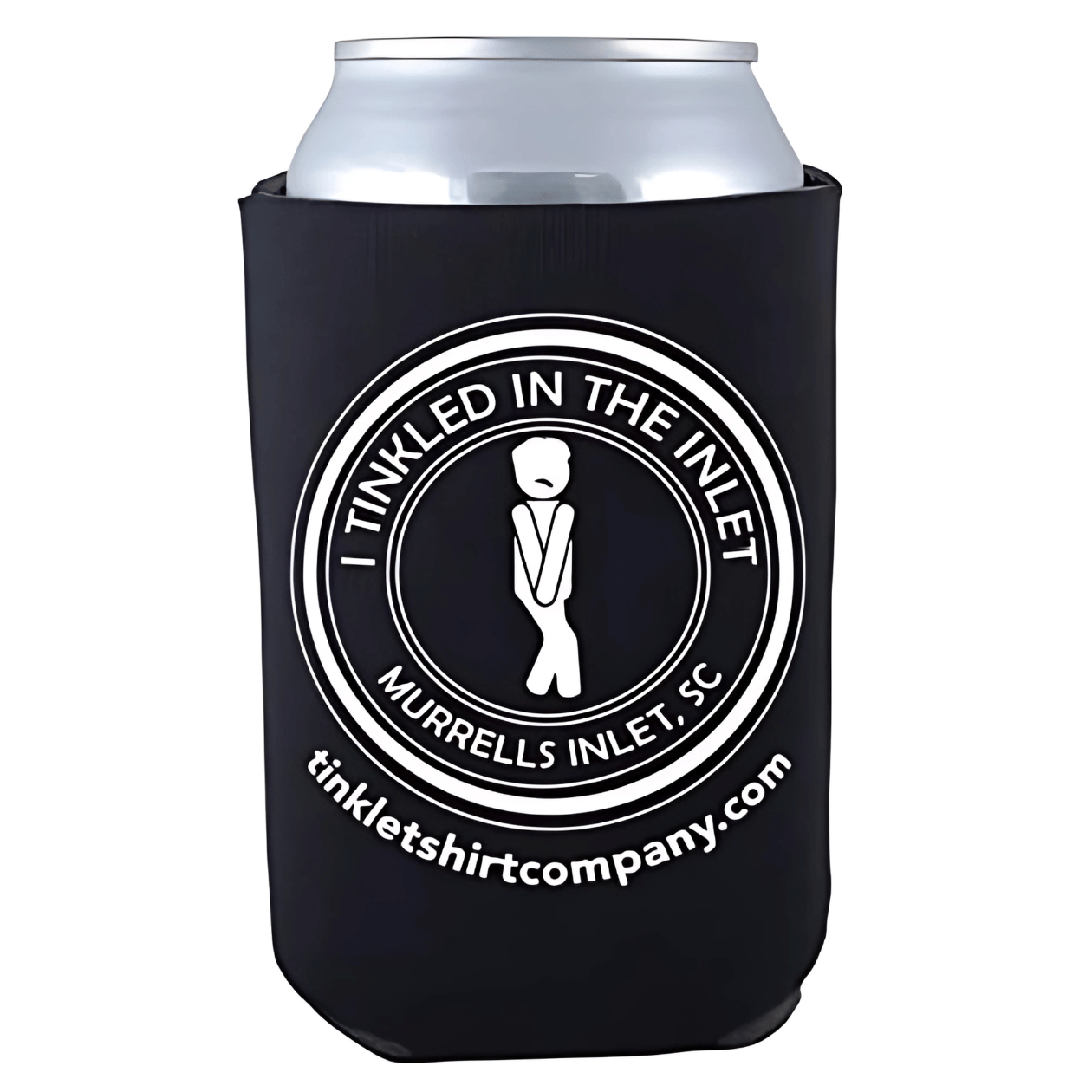 Black can koozie with “I Tinkled in the Inlet” logo – Murrells Inlet, SC