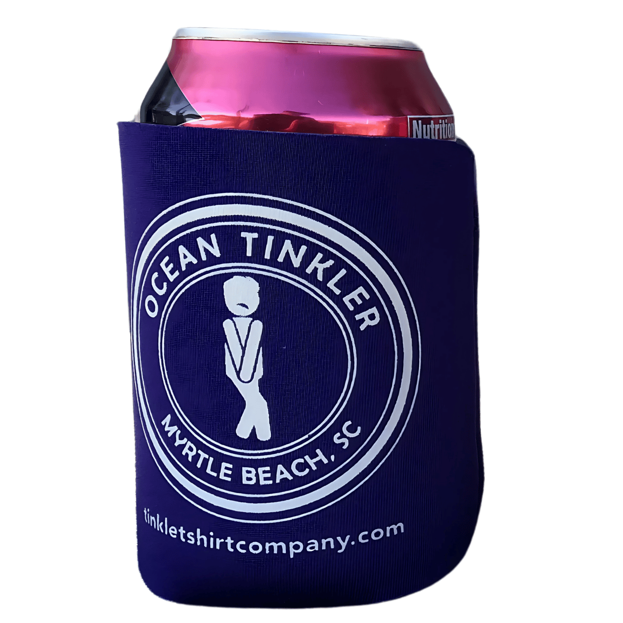 Ocean Tinkler koozie with white logo – Myrtle Beach, SC purple heather