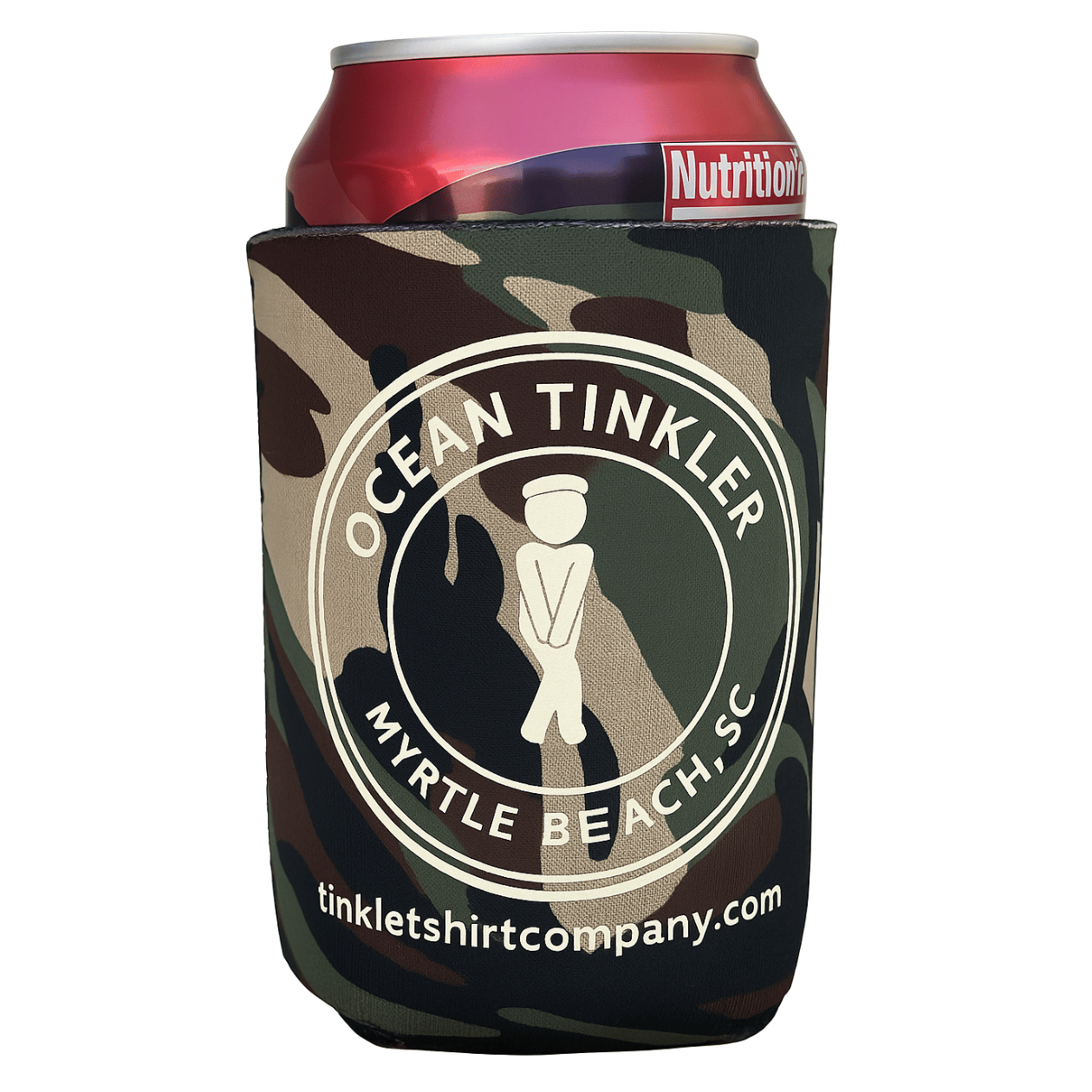 Camo Ocean Tinkler can koozie with white logo – Myrtle Beach, SC