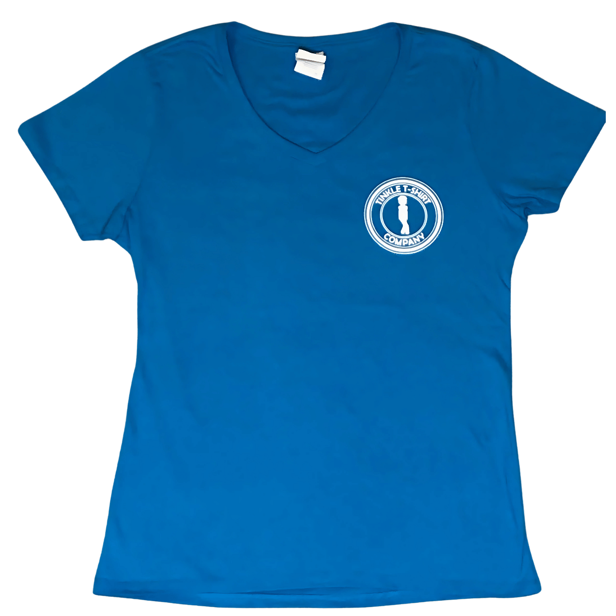 Front of Ocean Tinkler Surfside Beach women’s v-neck t-shirt in bright blue with small logo