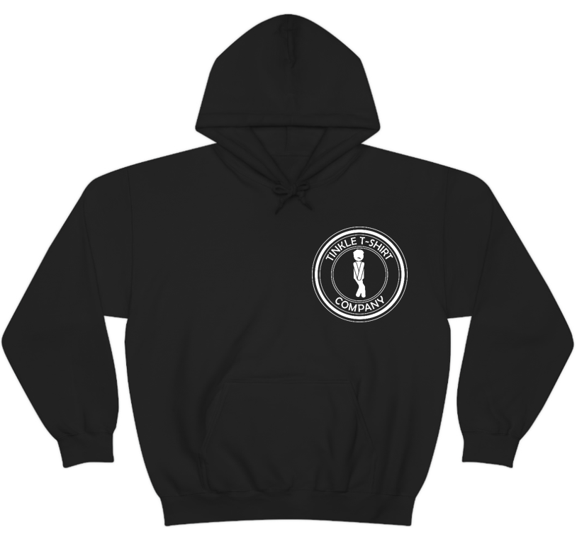 front view of Black hoodie with I Tinkled in the Inlet Murrells Inlet SC graphic on back. front says Tinkle T-Shirt Company in a circular design