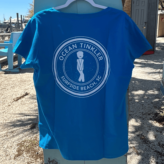Ocean Tinkler Women’s V-Neck T-Shirt – Surfside Beach - Blue
