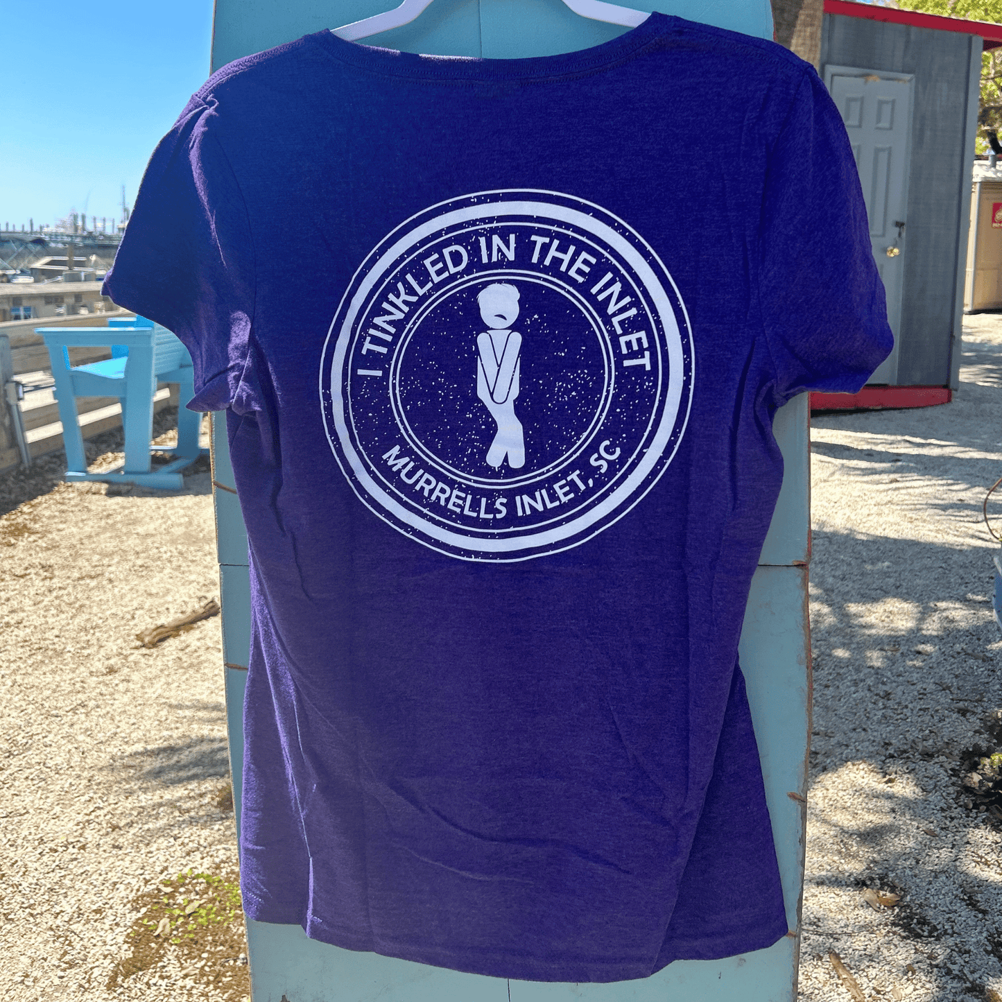 "I Tinkled In The Inlet" Ladies Purple V-Neck | Murrells Inlet