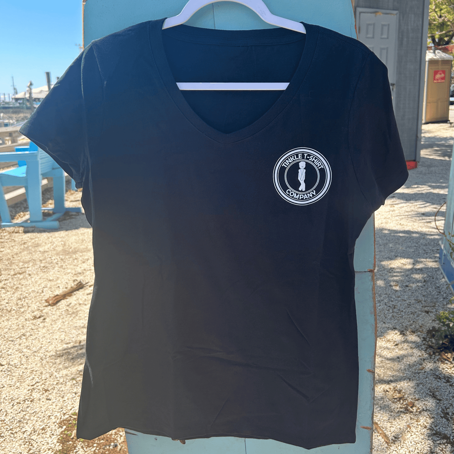 "I Tinkled In The Inlet" Ladies V-Neck Black T-Shirt