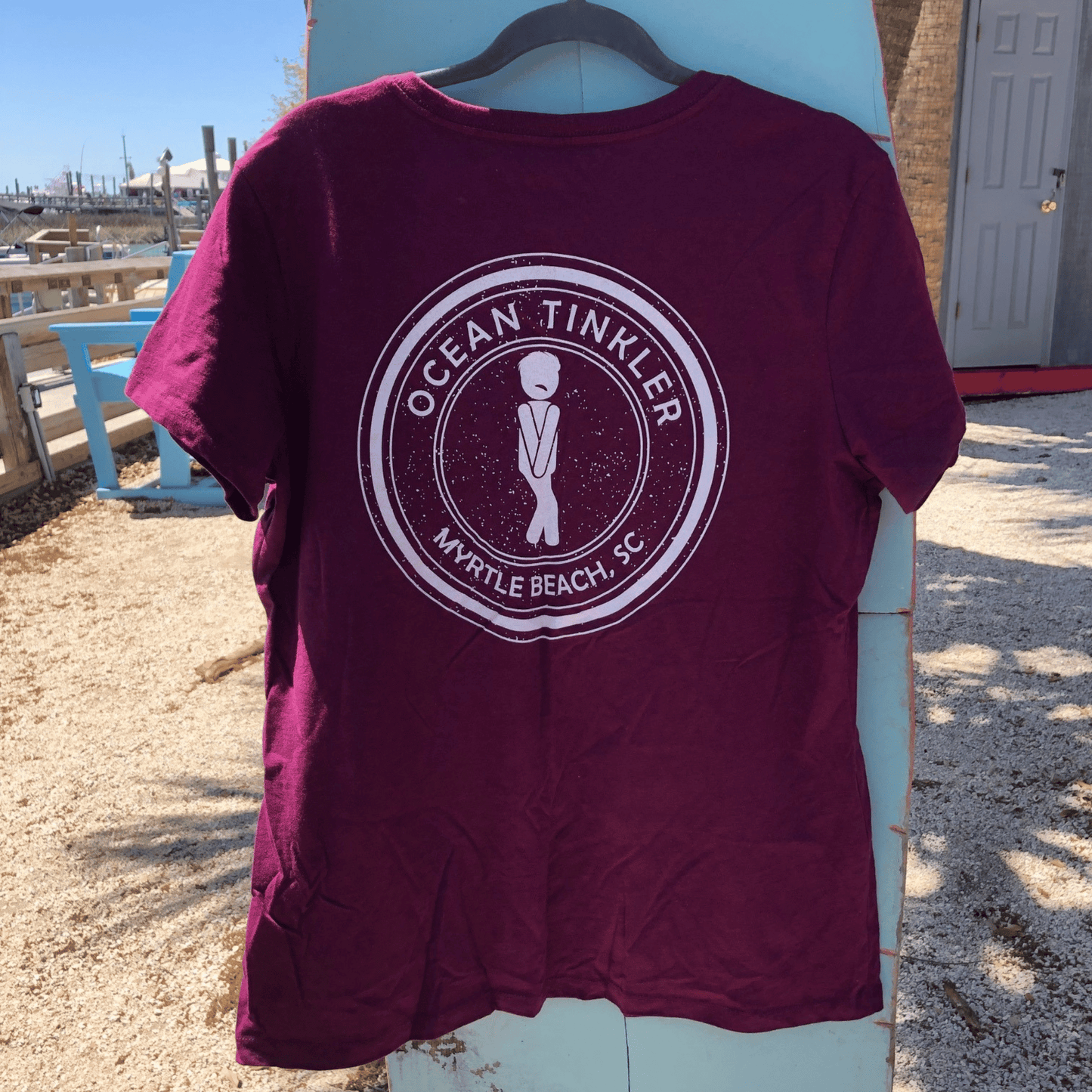 "Ocean Tinkler Myrtle Beach" Ladies V Neck (Burgundy)
