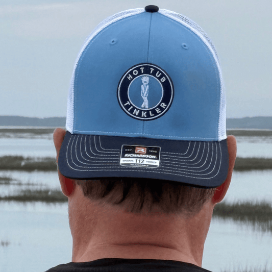"Hot Tub Tinkler" Richardson 112 Trucker Hat - Blue with White Mesh