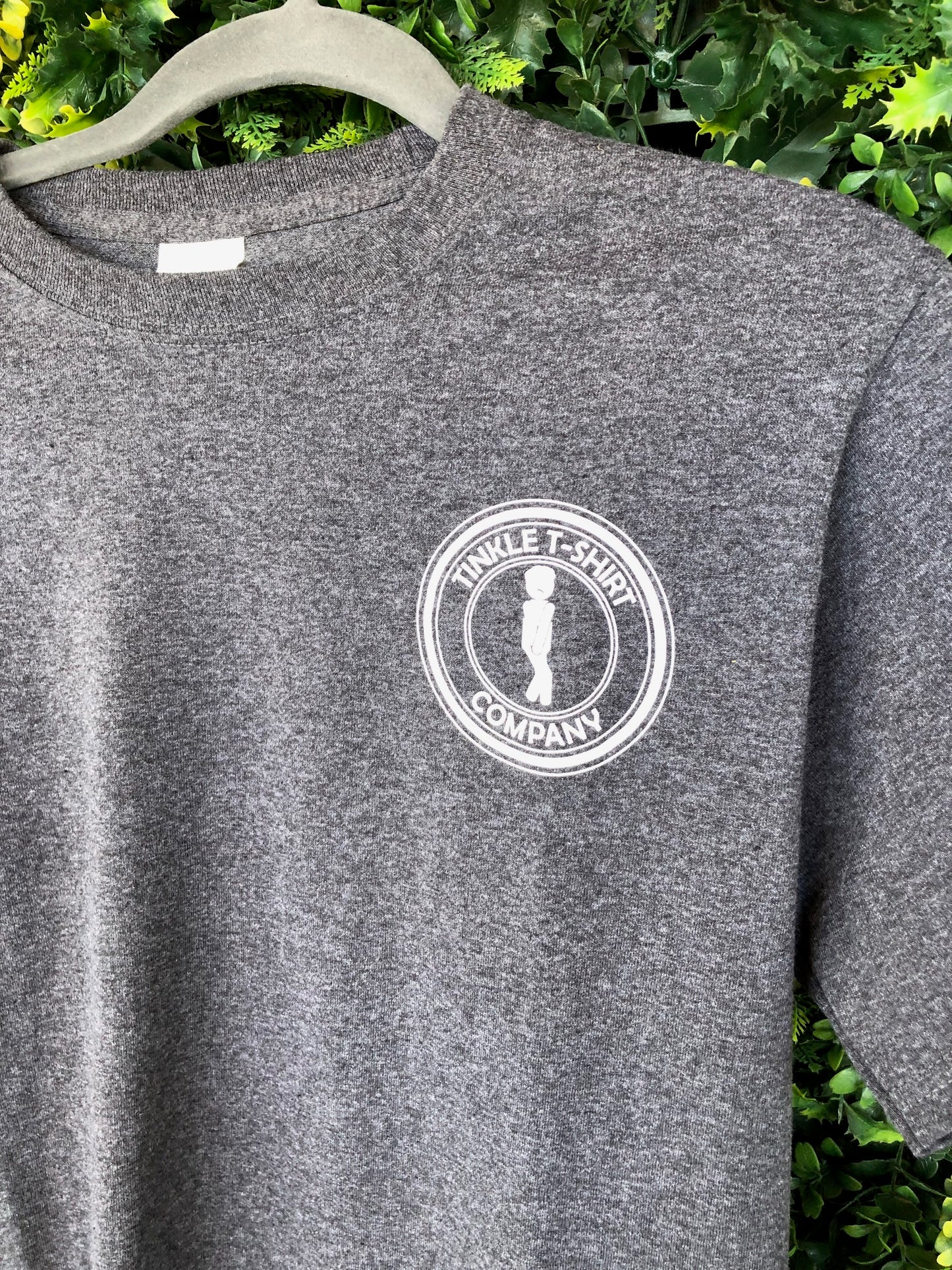 front of grey heather t-shirt with I Tinkled in the Inlet Murrells Inlet SC design