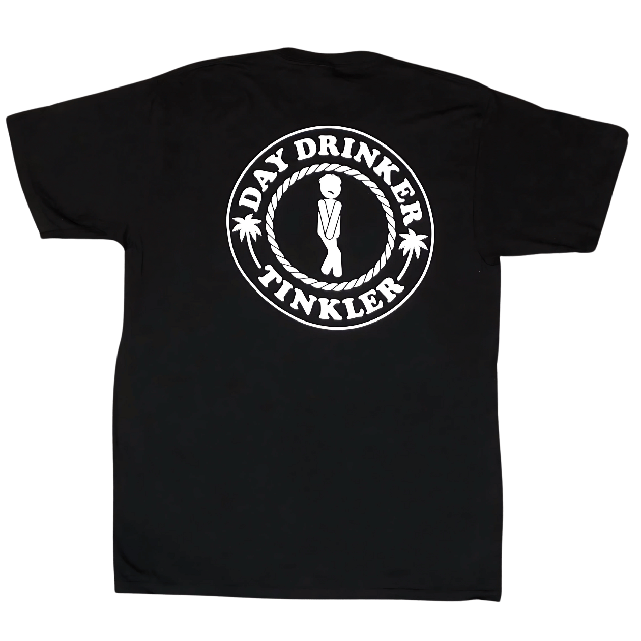 Back of black t-shirt with bold Day Drinker Tinkler logo and palm tree design