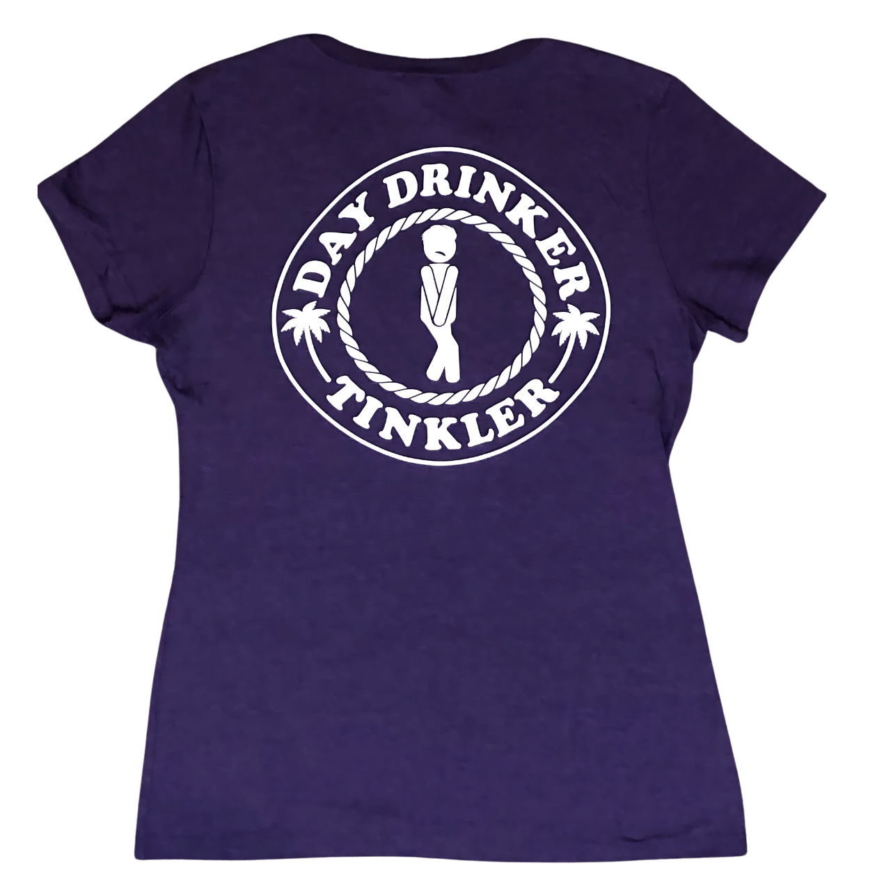 Back of women’s v-neck purple t-shirt featuring Day Drinker Tinkler design with palm trees and rope circle