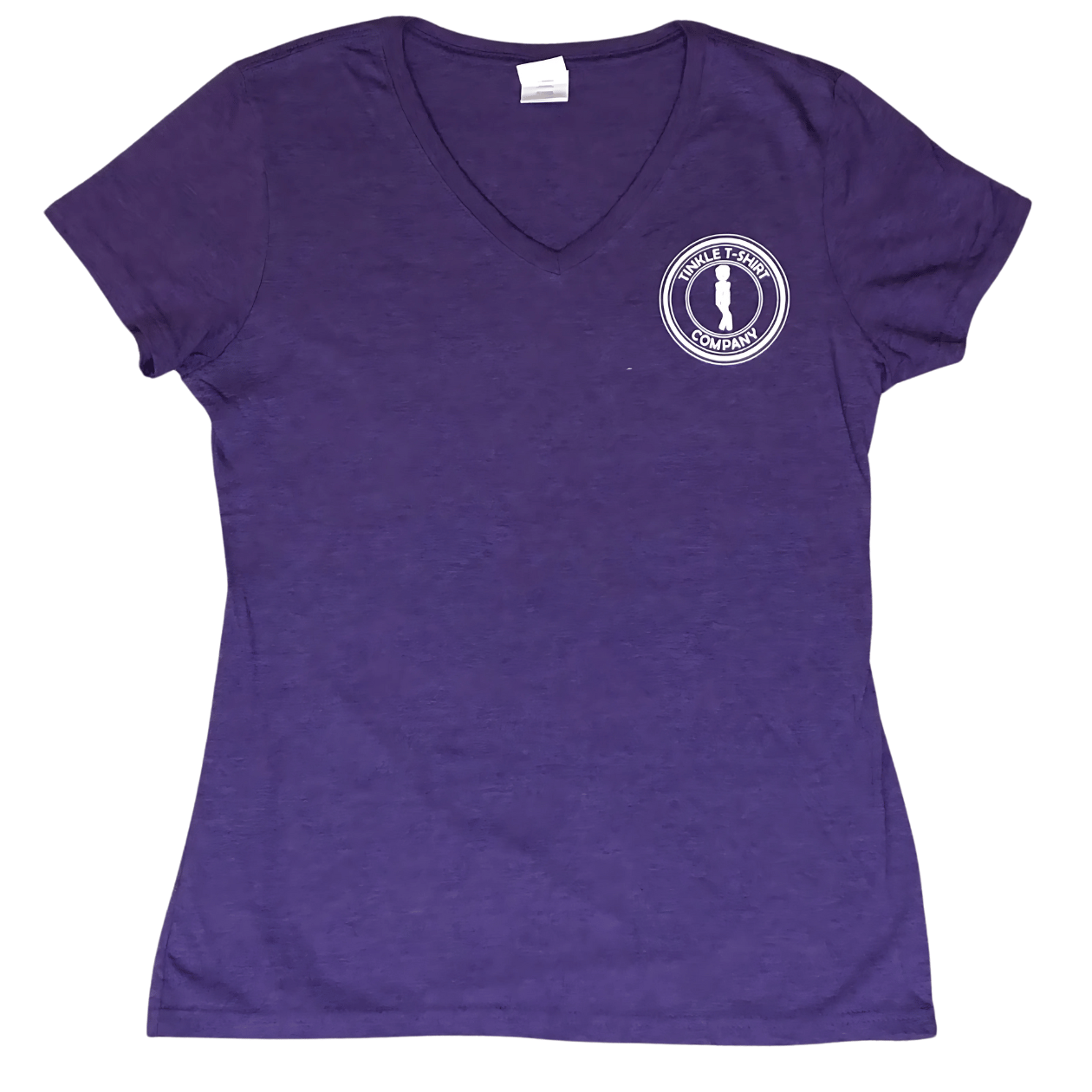 Front of women’s purple heather v-neck Day Drinker Tinkler shirt with small Tinkle Tee logo