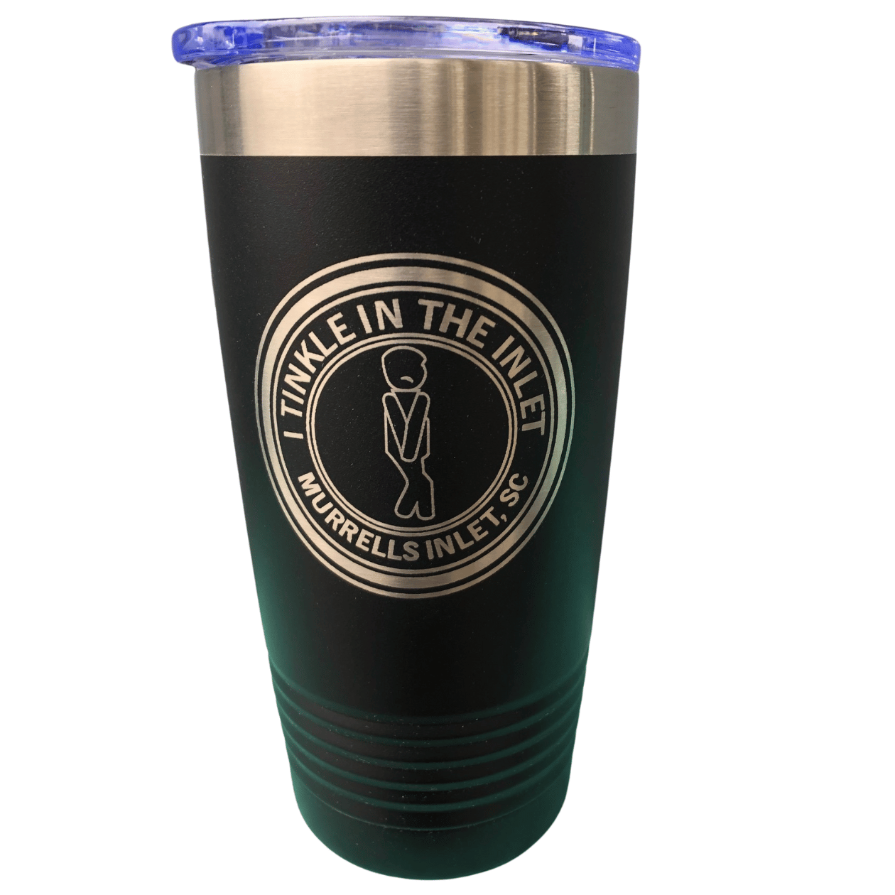Black stainless steel 20 oz tumbler with "I Tinkle In The Inlet – Murrells Inlet, SC" engraved logo and clear lid