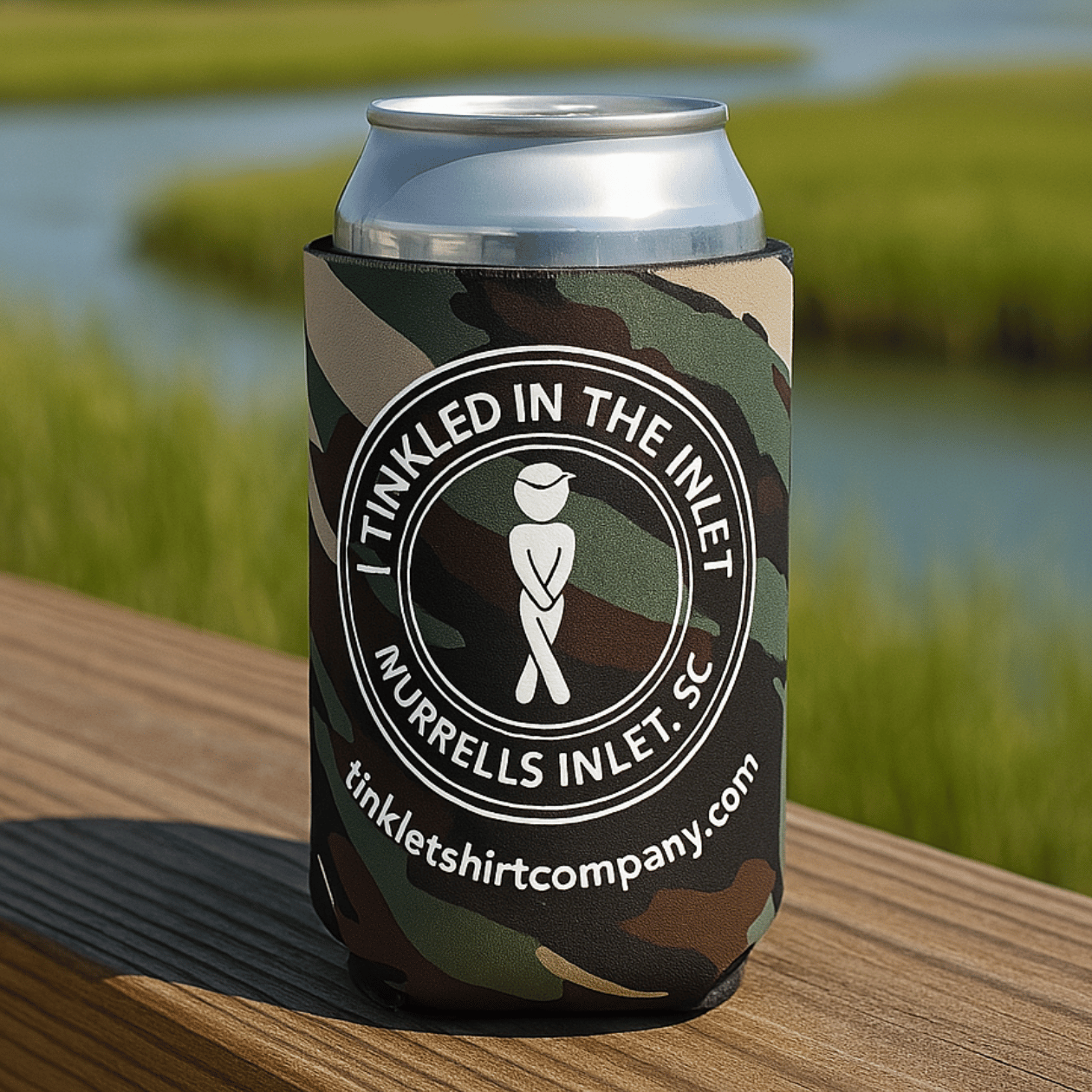 photo of Camo koozie with “I Tinkled in the Inlet” logo – Murrells Inlet, SC at the marshwalk.