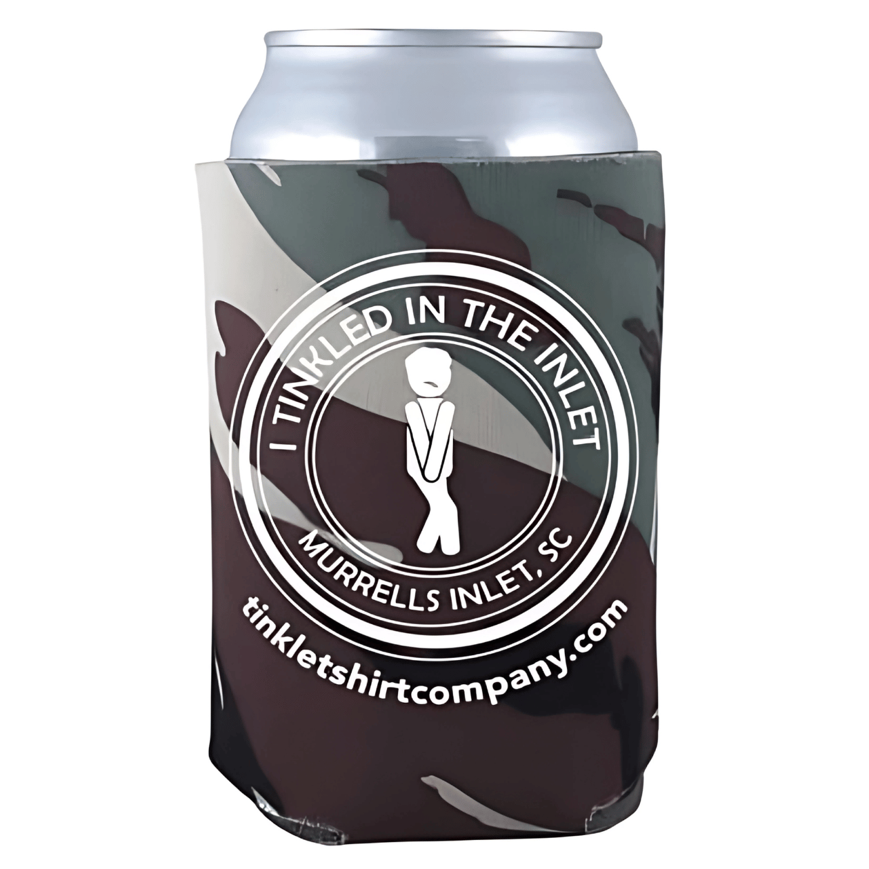 Camo koozie with “I Tinkled in the Inlet” logo – Murrells Inlet, SC
