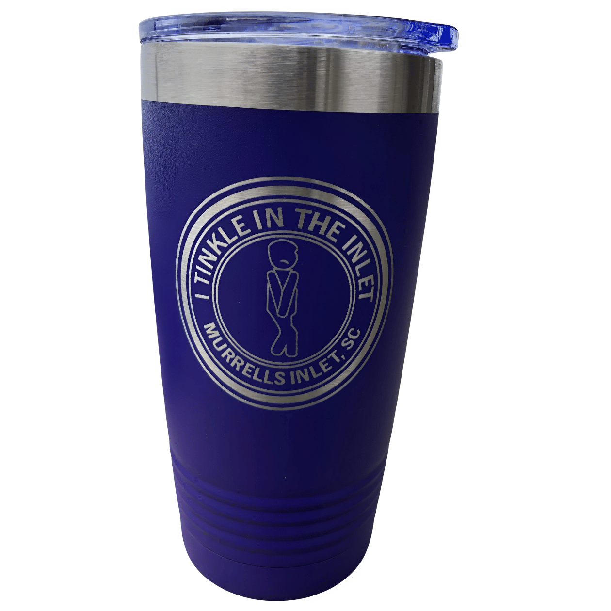 20 oz purple stainless steel tumbler with "I Tinkle In The Inlet – Murrells Inlet, SC" engraved logo