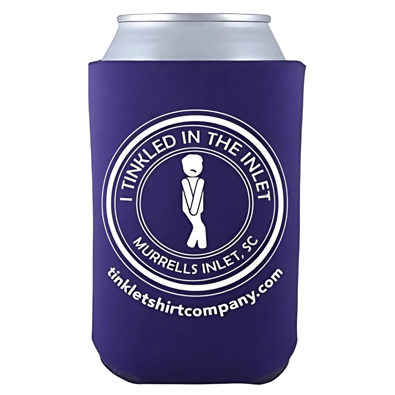 Purple can koozie with “I Tinkled in the Inlet” logo – Murrells Inlet, SC