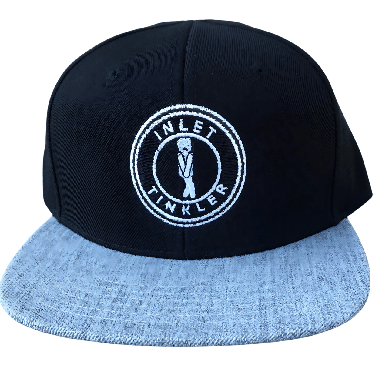 Black and grey flat bill snapback hat with embroidered Inlet Tinkler logo on the front