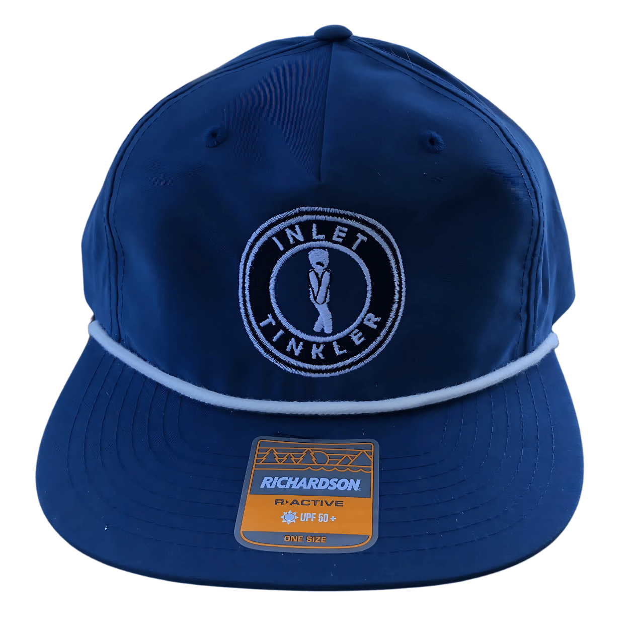 Navy blue performance rope snapback hat with embroidered Inlet Tinkler logo and white trim