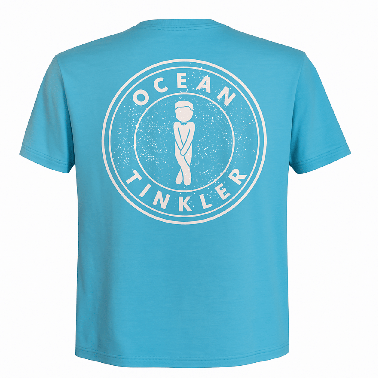 Back of t-shirt with white Ocean Tinkler graphic on aqua blue fabric
