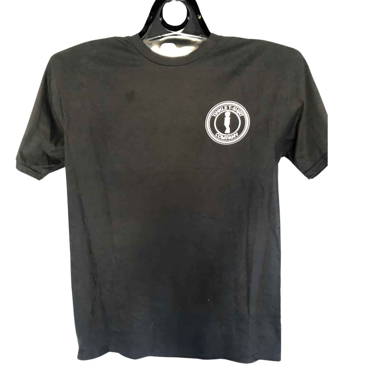 front of ocean tinkler black t shirt on a hanger