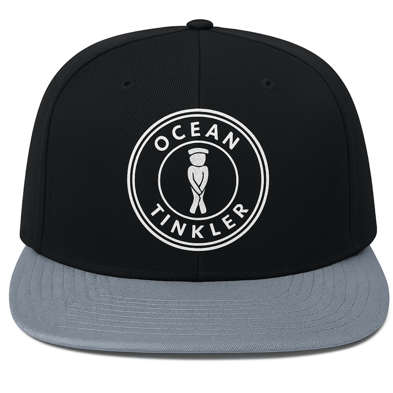 Front of Ocean Tinkler black and grey snapback hat with embroidered logo