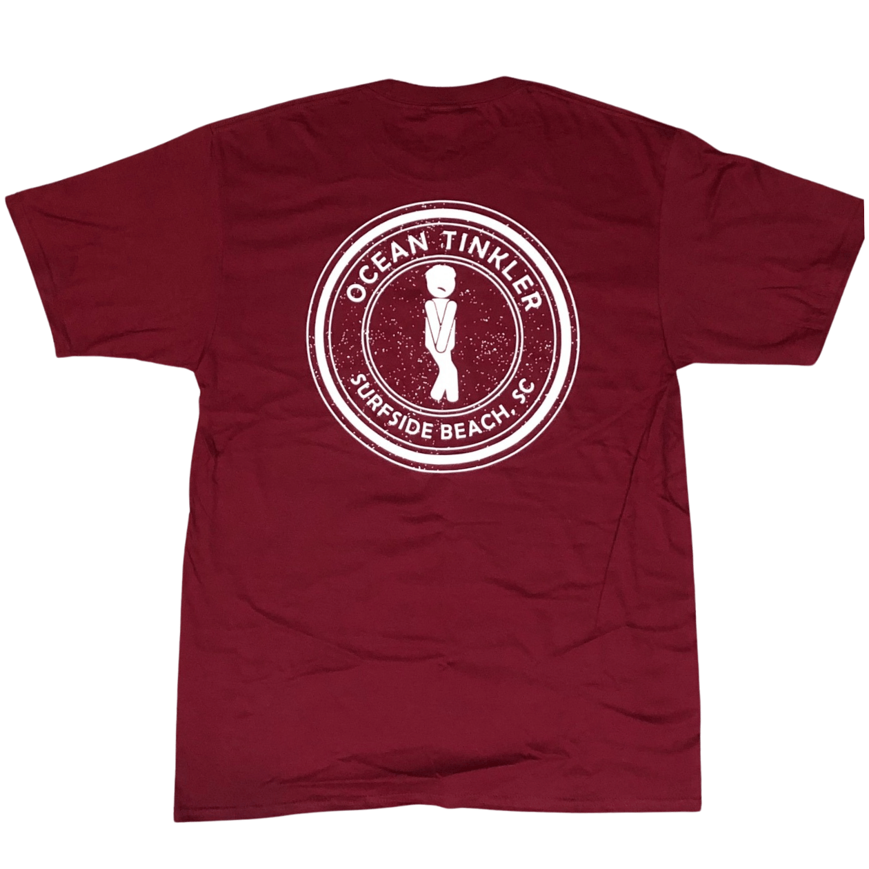 Back of maroon Ocean Tinkler t-shirt with Surfside Beach design and circular emblem