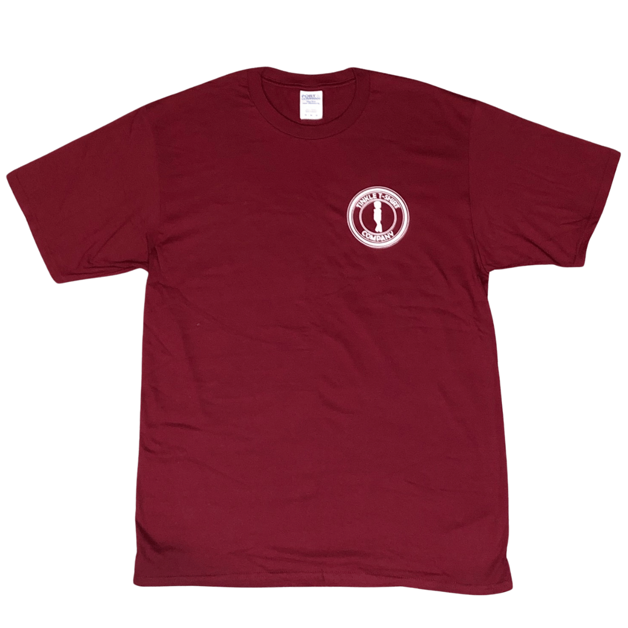 Front of Ocean Tinkler Surfside Beach T-Shirt in maroon with Tinkle Tee logo