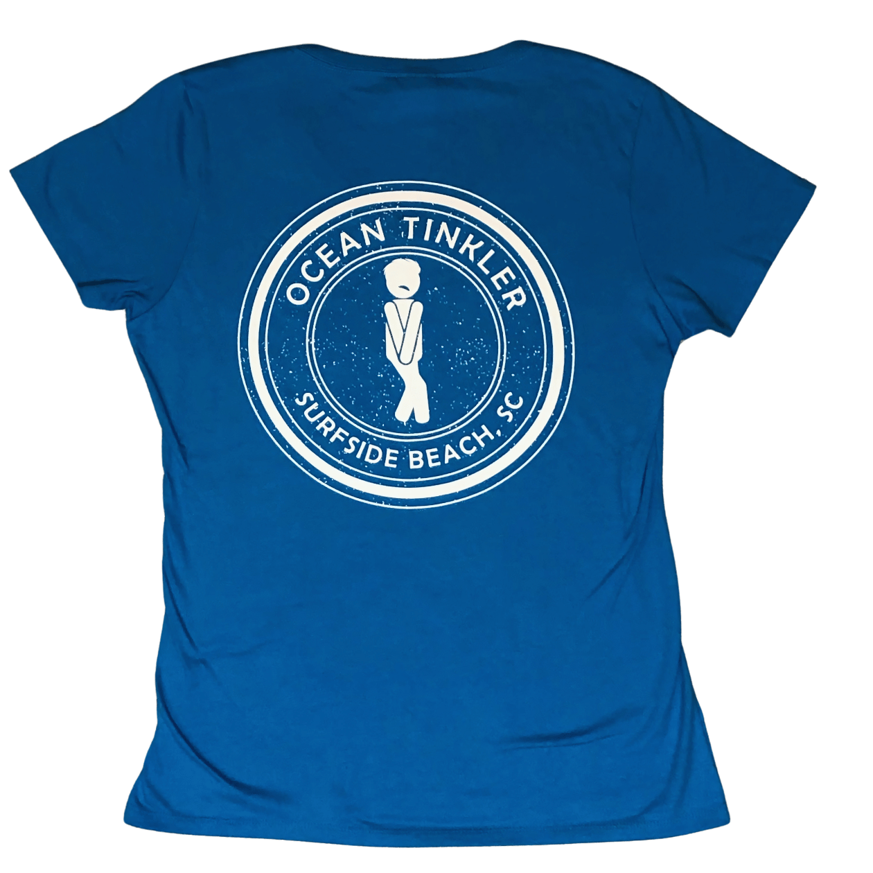 Back of bright blue women’s v-neck Ocean Tinkler Surfside Beach shirt with large circular log design