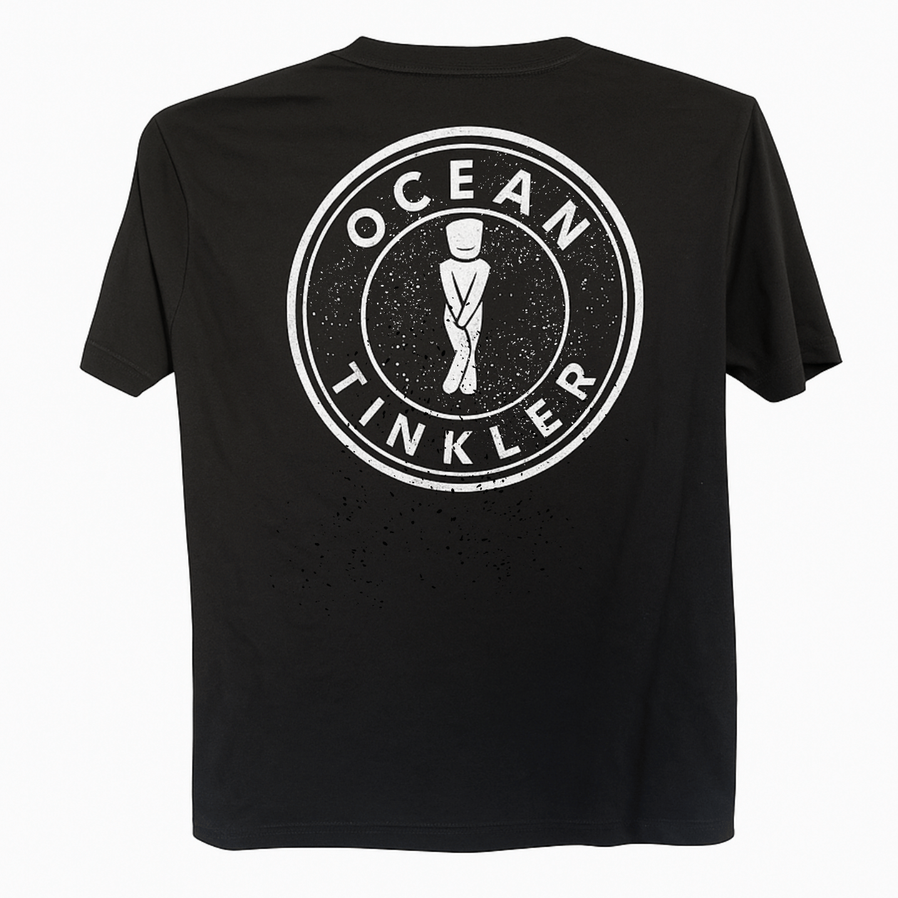 Back of black T-shirt with Ocean Tinkler white distressed logo