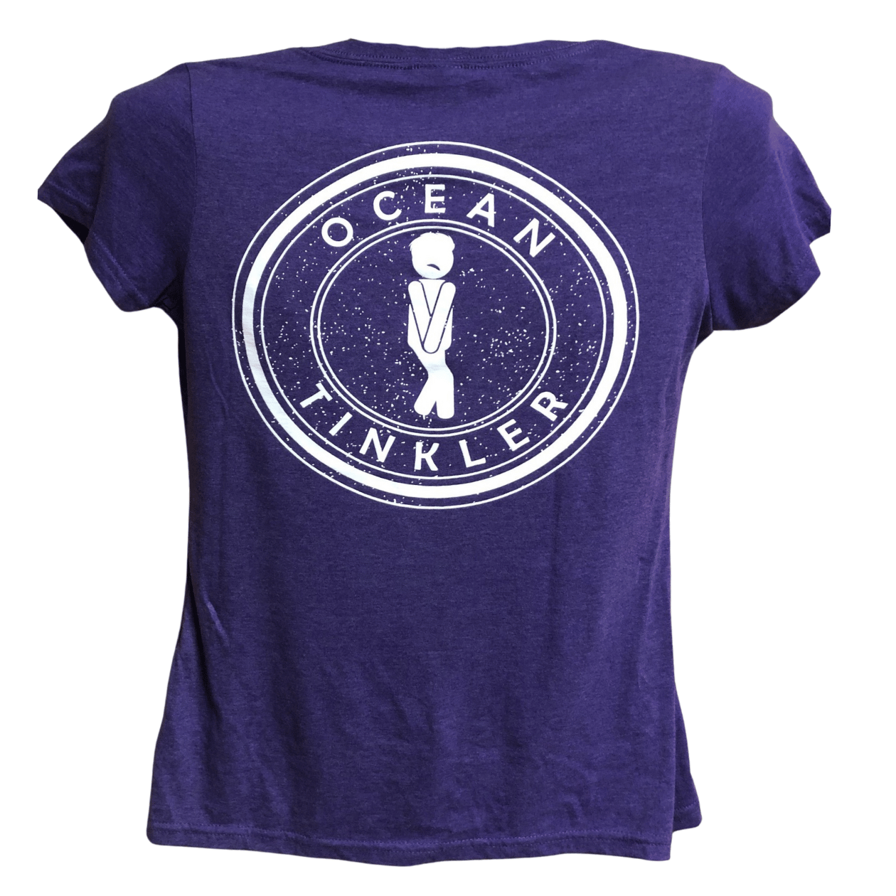 Back of women’s v-neck shirt with large Ocean Tinkler graphic design