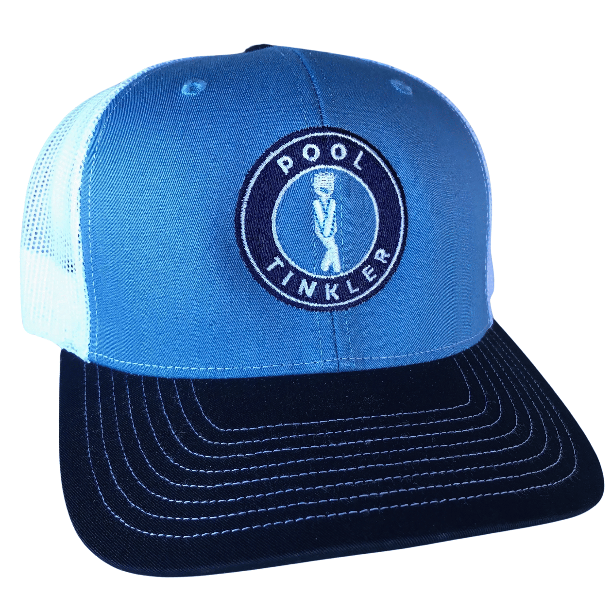 Blue and white trucker hat with Pool Tinkler logo patch on front