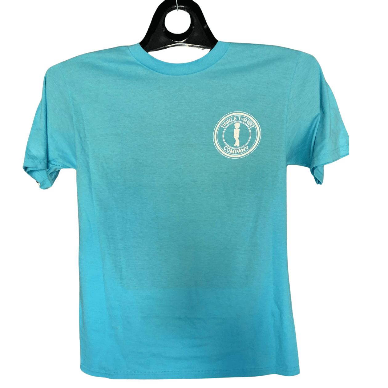 Front of aqua blue t-shirt with Tinkle T-Shirt Company logo